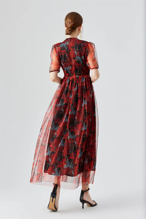 Retro Floral Print Mesh Sheer Elegant Short Sleeve Ruffled Cocktail, Party, Wedding Guest Vestidos Dress